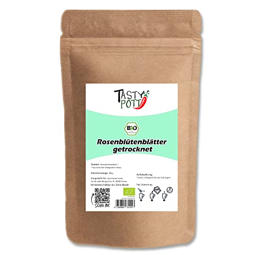 Tasty Pott Bio Rosenblütenblätter I Für Tee I Als Deko I Rosenwasser herstellen I Rosentee Rosenblüten I Vegan I Naturkosmetik selber machen I Rosen I Im Beutel 100g von TASTY POTT