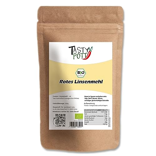 Tasty Pott Bio Rotes Linsenmehl 1000g | Linsen Mehl | Hülsenfrucht | Kochen & Backen | vegetarisch vegan | pflanzliches Protein | kontrolliert biologischer Anbau von TASTY POTT