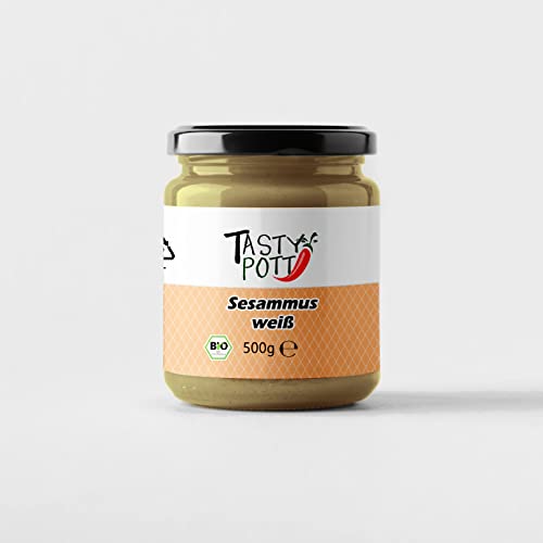 Tasty Pott Bio Sesammus Weiß I Vegane Küche I Weißes Tahin I Gepresster Sesam I Aufstrich I Brotaufstrich I Müsli-Topping I Kuchen backen I Mus I Im Glas 500g Tasty Pott Bio Sesammus Weiß I Vegane Küche I Weißes Tahin I Gepresster Sesam I Aufstrich I Brotaufstrich I Müsli-Topping I Kuchen backen I Mus I Im Glas 500g von TASTY POTT