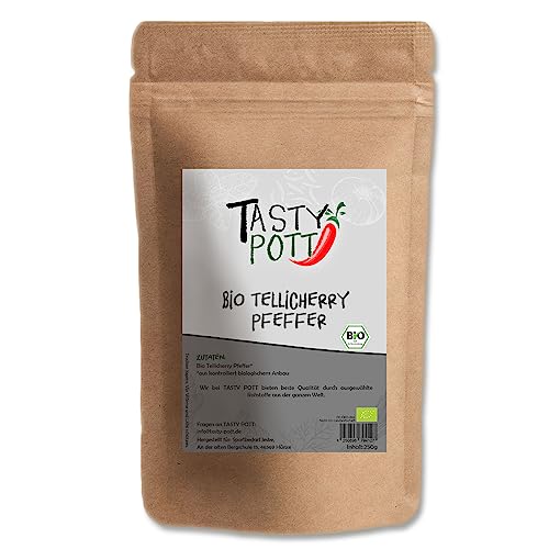 Tasty Pott Bio Tellicherry Pfeffer (ganz) 250g Beutel | Kochen & Braten | Grillen & Marinieren | Steak gemüse besonderer Geschmack | Bioqualität hochwertig | Aroma | Vorteilsbeutel Vorratspackung von TASTY POTT