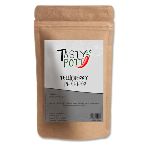 Tasty Pott Bio Tellicherry Pfeffer (ganz) 250g Beutel | Kochen & Braten | Grillen & Marinieren | Steak gemüse besonderer Geschmack | Bioqualität hochwertig | Aroma | Vorteilsbeutel Vorratspackung von TASTY POTT