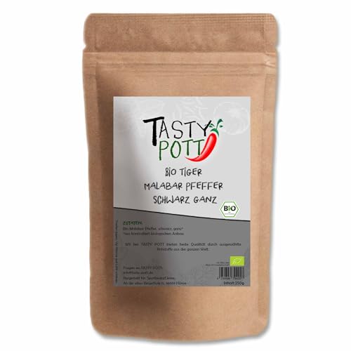 Tasty Pott Bio Tiger Malabar Pfeffer schwarz (ganz) 1000g Beutel | Pfeffer Gewürz Geschmack Aroma | Kochen & Braten | Würzen & Marinieren | Vorteilsbeutel Vorratspackung von TASTY POTT