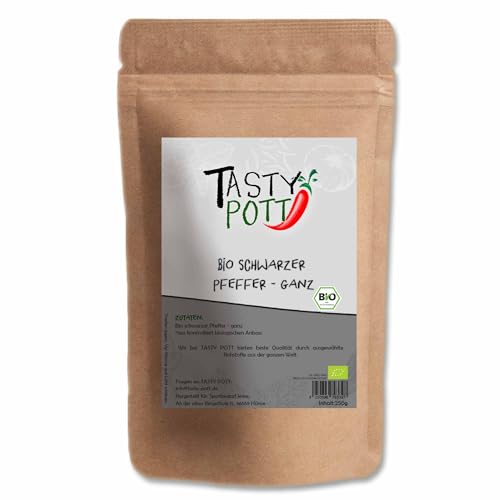 Tasty Pott Bio schwarzer Pfeffer 250g Beutel | Kochen & Würzen | Braten & Marinieren | Marinade Steak Grill grillen BBQ | Gemüse Genuss Geschmack | Vorteilsbeutel Vorratspackung von TASTY POTT