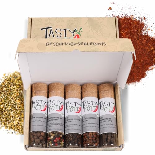 Tasty Pott Dank-Box - Fröhliche Weihnachten I Gewürzbox I 5 Gewürze I Geschenkset I Verschiedene Gewürze im Glas wählbar (Pfeffer Set) von TASTY POTT