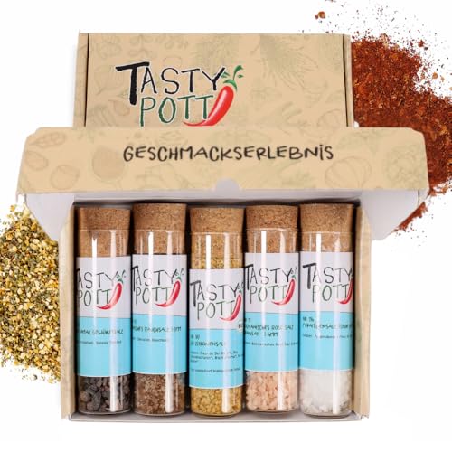 Tasty Pott Dank-Box - Fröhliche Weihnachten I Gewürzbox I 5 Gewürze I Geschenkset I Verschiedene Gewürze im Glas wählbar (Salzmischungen) von TASTY POTT