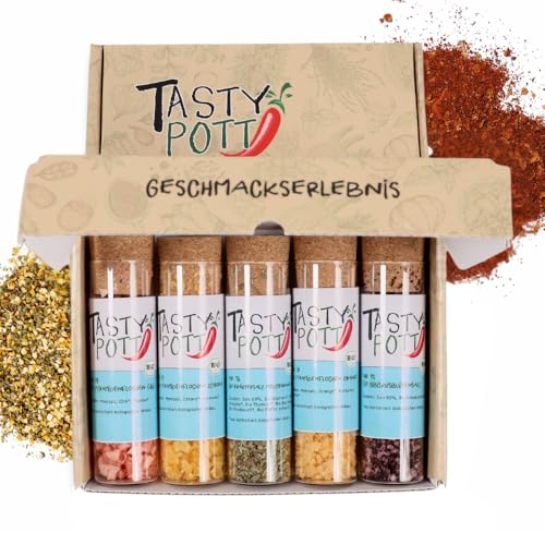 Tasty Pott Dank-Box I Beliebte Gewürze I Gewürz-Set I Geschenk Idee für Familie und Freunde I Würzig I Spices I Gewürzmischungen I Gewürz im Glas I Geschenk Set (Salzmischungen, Alles Gute!) von TASTY POTT