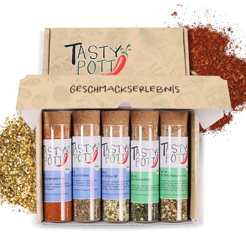 Tasty Pott Dank-Box I Bio Gewürze I Gewürz-Set I Geschenk Idee für Familie und Freunde I Gewürzmischungen I Gewürz im Glas I Geschenk Set (Gewürze der Welt, Viel Spaß und guten Hunger wünscht) von TASTY POTT