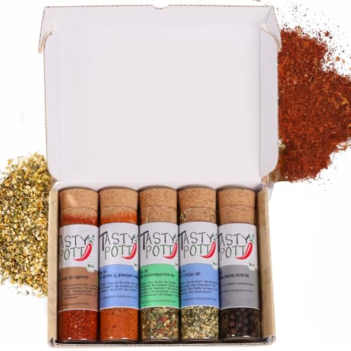 Tasty Pott Dank-Box I Bio Gewürze I Gewürz-Set I Geschenk Idee für Familie und Freunde I Spices I Gewürzmischungen I Gewürz im Glas I Geschenk Set (Grillgewürze, Viel Spaß und guten Hunger wünscht) von TASTY POTT