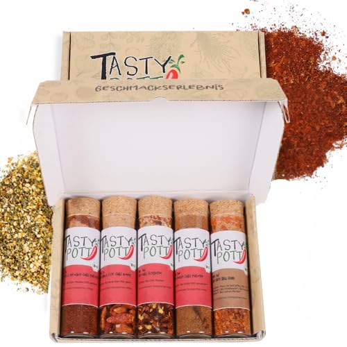 Tasty Pott Dank-Box I Bio Gewürze I Gewürz-Set I Geschenk Idee für Familie und Freunde I Würzig I Spices I Gewürzmischungen I Gewürz im Glas (Hot Chili Set, Viel Spaß und guten Hunger wünscht) von TASTY POTT