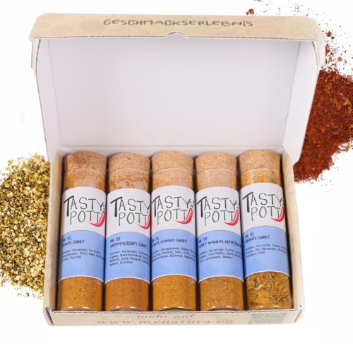 Tasty Pott Dank-Box I Curry Gewürze I Gewürz-Set I Geschenk Idee für Familie und Freunde I Würzig I Gewürzmischungen I Gewürz im Glas I Geschenk Set (Curry Mix, Viel Spaß und guten Hunger wünscht) von TASTY POTT