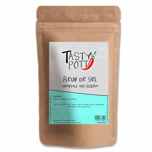 Tasty Pott Fleur de Sel Meersalz aus Sizilien 250 Gramm | Kochen & Braten | Würzen Marinieren Grillen | verfeinern Geschmack | Fleisch Gemüse Fisch | Vorteilspackung Nachfüllbeutel von TASTY POTT