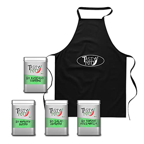 Tasty Pott Gewürz-Sets - Gewürze für jede Küche I Pfeffer I BBQ I Kräuter I Kräutermischungen I Gewürzdose I Geschenk I Geschenksets I Bio Gewürze I Kochschürze (Set 1 Bio Kräuter Toppings) von TASTY POTT