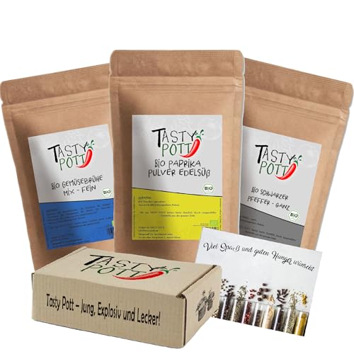 Tasty Pott Gewürzboxen - Verschiedene Gewürzsets | Gewürze | Würzöl | Geschenkidee | Spices | Gewürzmischungen | Karte (Tasty Pott Bio Basic-Box 750g) von TASTY POTT