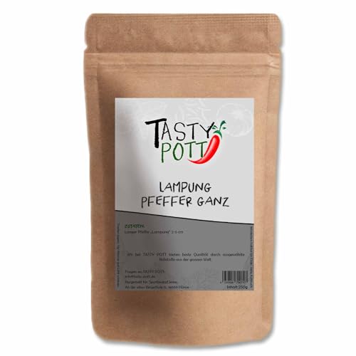 Tasty Pott Lampung Pfeffer ganz 250 Gramm | ganze Schoten | Pfeffer pfeffrig | Kochen & Braten | Steak Gemüse Gewürz | Geschmack hochwertig | Nachfüllbeutel Vorratspackung von TASTY POTT