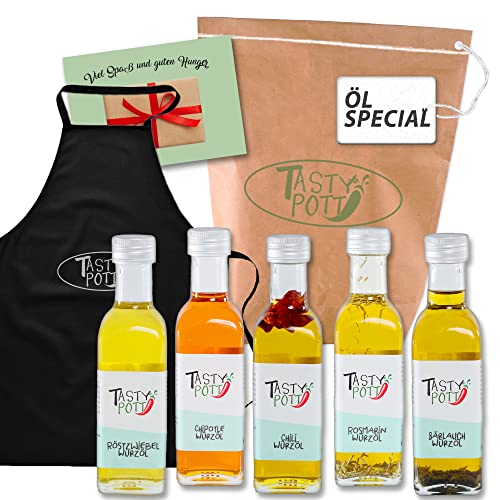 Tasty Pott Öl Special I Röstzwiebel Würzöl + Bärlauch Würzöl + Chili Würzöl + Rosmarin Würzöl + Chipotle Würzöl + Kochschürze + Karte I Öl Set I Kochen I Aromatisch I Würzen Tasty Pott Öl Special I Röstzwiebel Würzöl + Bärlauch Würzöl + Chili Würzöl + Rosmarin Würzöl + Chipotle Würzöl + Kochschürze + Karte I Öl Set I Kochen I Aromatisch I Würzen von TASTY POTT