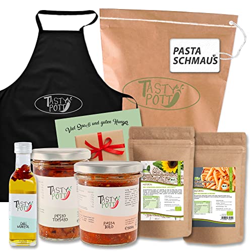 Tasty Pott Pasta Schmaus I Pesto Tomato + Mynatura Maisnudeln + Pasta Bolo + Mynatura Sonnenblumenkerne + Chili Würzöl + Kochschürze + Karte I Kochen I Set I Italienische Küche von TASTY POTT