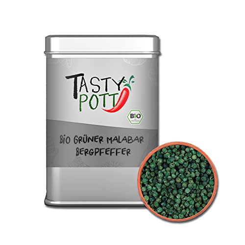 Tasty Pott Pfeffer Sortiment I Pfefferkörner I Feinkost I Spezialitäten I Pepper I Pfefferschoten I Gewürze I Gewürzmischungen (Bio Grüner Malabar Bergpfeffer 50g) von TASTY POTT