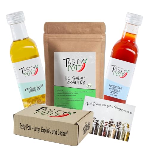 Tasty Pott Salat-Box – Gewürzset | Kräutermischung | Knoblauchöl | Gewürze | Essig Crema | Geschenkbox | Karte von TASTY POTT