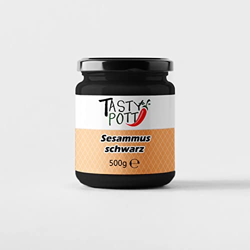 Tasty Pott Sesammus Schwarz I Brotaufstrich I Dip I Vegane Küche I Nussiger Aufstrich I Zum Backen und Kochen I Müsli-Topping I Schwarzes Tahin I Sesam I Mus I Im Glas 500g von TASTY POTT