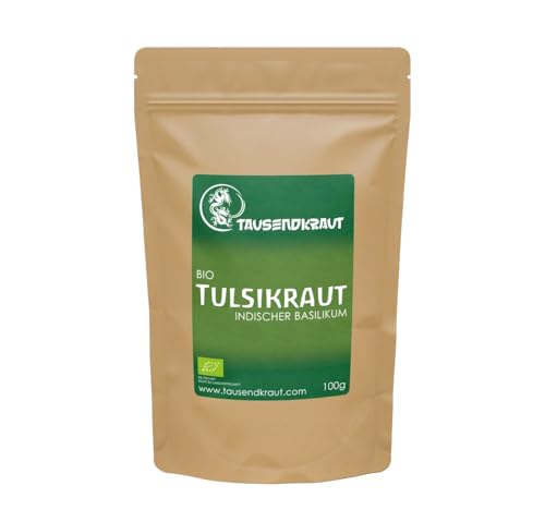 Tausendkraut PREMIUM Tulsi Gewürz - 100g - Indischer BIO Basilikum - Ocimum tenuiflorum - Hohe Produktsicherheit - Fairer Anbau und Handel - Nachhaltig und natürlich - Bester Geschmack von TAUSENDKRAUT FÜR MEHR LEBENSQUALITÄT!