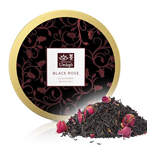Tea Uniqo® Black Rose Schwarztee lose | Natürlich aromatisierter schwarzer Tee mit Rosenblüten in edler Geschenkdose | Rosentee als Frühstückstee von TEA Uniqō