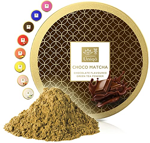 Tea Uniqo - Choco Matcha Pulver – Ideal für Eis, Latte, Shakes, zum Backen, Kochen oder pur Trinken – Grüntee Pulver mit Schokolade Geschmack, 100% natürlich in wiederverschließbarer Dose von TEA Uniqō