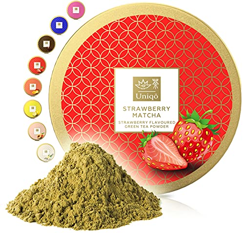 Tea Uniqo - Erdbeere Matcha Pulver – Ideal für Eis, Latte, Shakes, zum Backen, Kochen oder pur Trinken – Grüntee Pulver mit Erdbeeren Geschmack, 100% natürlich in wiederverschließbarer Dose von TEA Uniqō