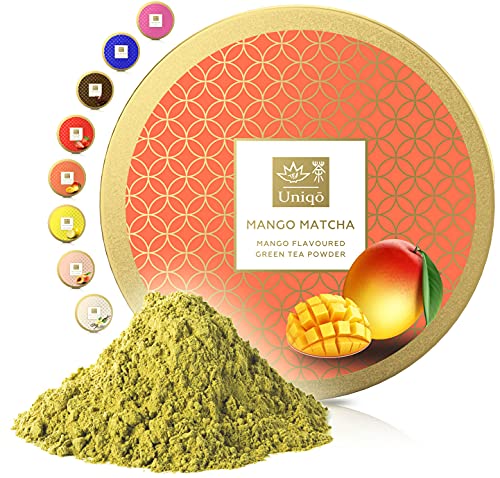 Tea Uniqo - Mango Matcha Pulver – Ideal für Eis, Latte, Shakes, zum Backen, Kochen oder pur Trinken – Grüntee Pulver mit Mango Geschmack, 100% natürlich in wiederverschließbarer Dose von TEA Uniqō