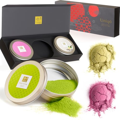 Tea Uniqo - Matcha Pulver Set mit Pink Matcha, Vanille Matcha und Matcha Pure | Tee Geschenkset mit Drachenfruchtpulver und Matcha Latte Pulver von TEA Uniqō
