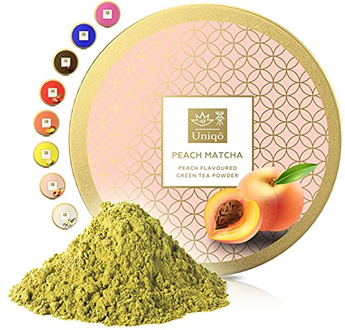 Tea Uniqo - Peach Matcha Pulver – Ideal für Eis, Latte, Shakes, zum Backen, Kochen oder pur Trinken – Grüntee Pulver mit Pfirsich Geschmack, 100% natürlich in wiederverschließbarer Dose von TEA Uniqō