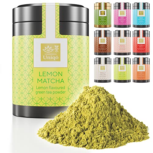 Tea Uniqo – Zitrone Matcha Tee Pulver – Ideal zum Trinken, für Eis, Latte, Shakes, zum Backen oder Kochen - Japanischer Grüntee Pulver mit Lemon Geschmack, ohne künstliche Farbstoffe in edler Dose von TEA Uniqō