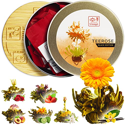 Teeblumen Geschenkset mit 6 Teerosen, aromatisierter Schwarzer Tee mit Blüten, inkl. Untersetzer | Originelles Tee Geschenk für Frauen, Teeset für Teeliebhaber von TEA Uniqō