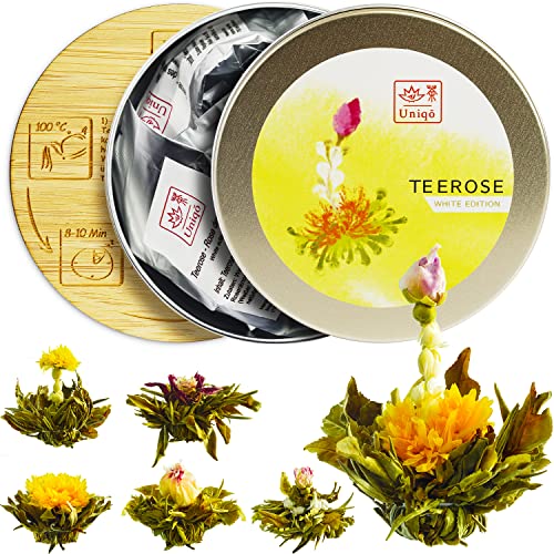 Teeblumen Geschenkset mit 6 Teerosen, Weißer Tee handgebunden mit Blüten, inkl. Bamboo Untersetzer | Originelles Tee Geschenk für Frauen, Teeset für Teeliebhaber von TEA Uniqō