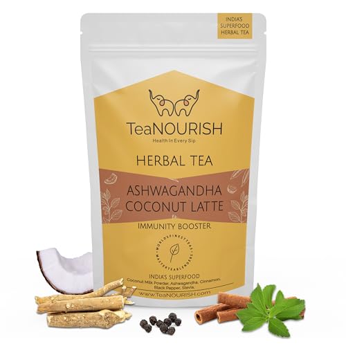 TeaNOURISH Ashwagandha Coconut Latte | KOFFEINFREIER Kräutertee | Indische Superfoods Ashwagandha & Kokosnuss | Lindert Stress und unterstützt die Immunität | 100% NATÜRLICH – 100 g von TEANOURISH