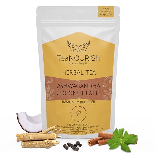 TeaNOURISH Ashwagandha Coconut Latte | KOFFEINFREIER Kräutertee | Indische Superfoods Ashwagandha & Kokosnuss | Lindert Stress und unterstützt die Immunität | 100 % NATÜRLICH – 100 g von TEANOURISH