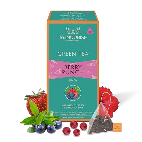 TeaNOURISH Berry Punch Grüntee | 20 Pyramiden-Teebeutel | Spritzig und erfrischend | Darjeeling ganze Blätter | 100% natürliche frische Beeren und Hibiskusblüten von TEANOURISH