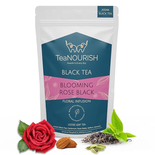 TeaNOURISH Blooming Rose Schwarztee | Assam-Loseblatt-Tee | Robust und geschmackvoll | Gemischt mit Rosenblättern, Kardamom, Safran und Mandel | 100% NATÜRLICHE ZUTATEN – 100 g von TEANOURISH