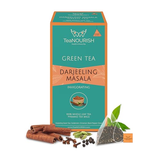 TeaNOURISH Darjeeling Masala Grüntee | 20 Pyramiden-Teebeutel | Ganze Blätter | Gemischt mit Kardamom, Zimt, schwarzem Pfeffer und Nelken | 100% NATÜRLICHE INFUSION von TEANOURISH