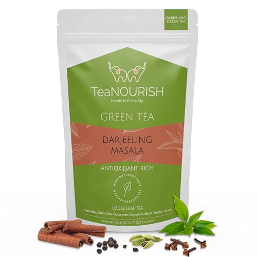 TeaNOURISH Darjeeling Masala Grüntee | Lose Blätter | Gemischt mit Kardamom, Zimt, schwarzem Pfeffer und Nelken | 100% NATÜRLICH | 50 Tassen heißer oder Eistee – 100 g von TEANOURISH