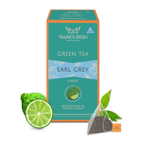TeaNOURISH Earl Grey Grüner Tee | 20 Pyramiden-Teebeutel | Darjeeling-Ganzblatttee, angereichert mit natürlichem Bergamottenextrakt | 100% NATÜRLICHE ZUTATEN von TEANOURISH