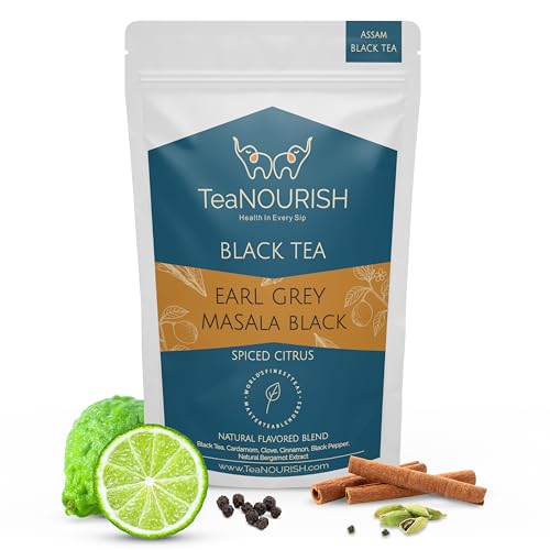 TeaNOURISH Earl Grey Masala Schwarztee | Gewürzte Zitrusfrüchte | Assam lose Blätter | Gemischt mit indischen aromatischen Gewürzen und natürlichem Bergamottenextrakt – 100 g von TEANOURISH