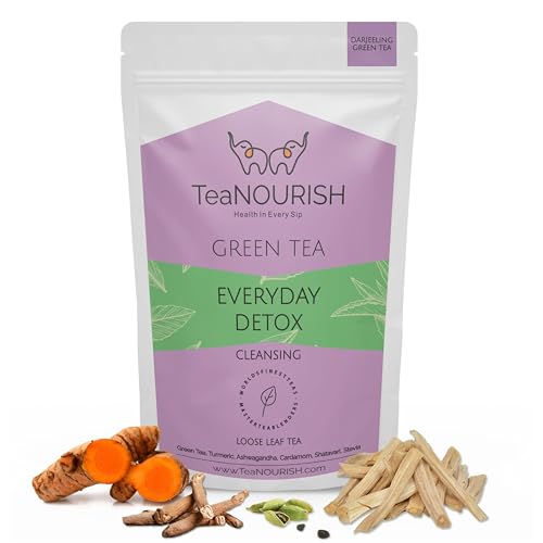 TeaNOURISH Everyday Detox Grüntee | Darjeeling Loseblatt | 100% natürliche Kurkuma, Ashwagandha, Kardamom, Shatavari, Stevia | 50 Tassen heißer Tee oder Eistee – 100 g von TEANOURISH