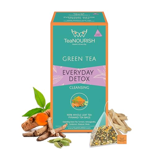 TeaNOURISH Everyday Detox Grünteebeutel | 20 Pyramiden-Teebeutel | Darjeeling Ganzblatttee | 100% natürliches Kurkuma, Ashwagandha, Kardamom, Shatavari, Stevia von TEANOURISH