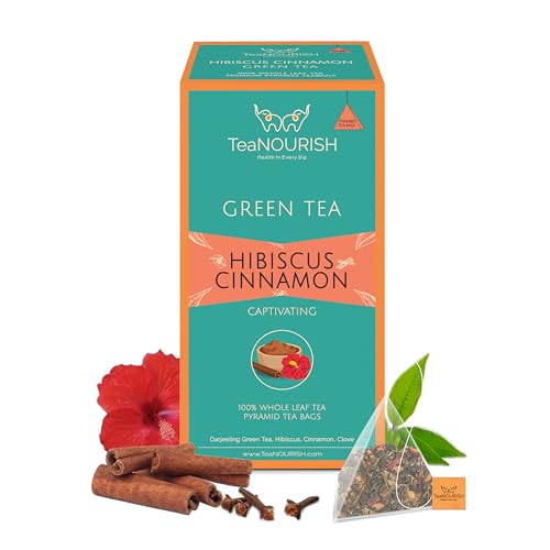 TeaNOURISH Hibiskus-Zimt-Grüntee | 20 Pyramiden-Teebeutel | Darjeeling ganzes Blatt | 100% natürliche Hibiskusblüte, Zimt und Nelke | Köstlich und erfrischend von TEANOURISH