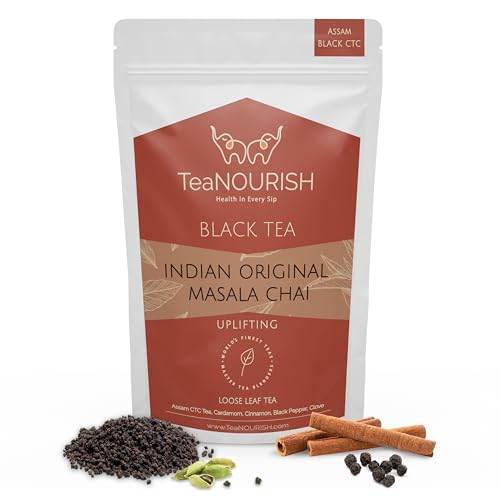 TeaNOURISH Indischer Original Masala Chai Tee | Assam CTC Loser Schwarztee | Gemischt mit Zimt, Kardamom, schwarzem Pfeffer und Nelken | 100% NATÜRLICHE ZUTATEN – 100 g von TEANOURISH
