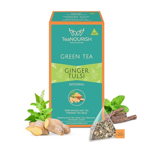 TeaNOURISH Ingwer Tulsi Grüner Tee | 20 Pyramiden-Teebeutel | Darjeeling ganzes Blatt | Indische Superfoods Ingwer, Tulsi & Lakritze | Lindert Stress und fördert die Verdauung von TEANOURISH