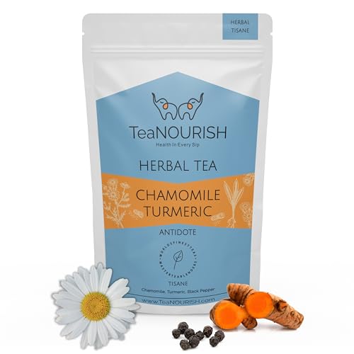 TeaNOURISH Kamille Kurkuma Kräutertee | Beruhigend und entspannend | Kamille, Kurkuma, schwarzer Pfeffer | Stress-Buster | CAFFEINFREI | 100% NATÜRLICH - 50g TeaNOURISH Kamille Kurkuma Kräutertee | Beruhigend und entspannend | Kamille, Kurkuma, schwarzer Pfeffer | Stress-Buster | CAFFEINFREI | 100% NATÜRLICH - 50g von TEANOURISH