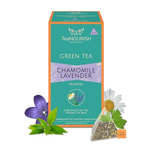 TeaNOURISH Kamille Lavendel Grüner Tee | 20 Pyramiden-Teebeutel | Ganzblatttee | Beruhigender und entspannender Kamillen-Schlaftee | Gute-Nacht-Tee | 100% NATÜRLICHE INFUSION von TEANOURISH