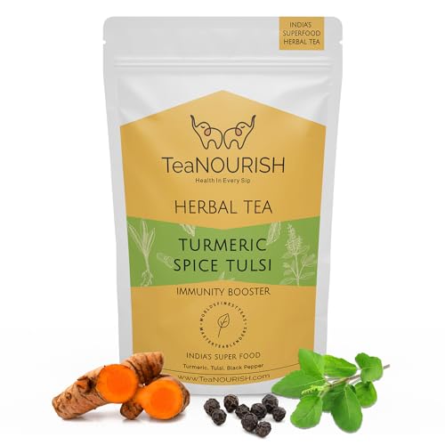TeaNOURISH Kurkuma-Gewürz-Tulsi-Kräutertee | Immunitätsverstärker | Mischung aus indischen Superfoods Kurkuma, Tulsi und schwarzem Pfeffer | 100% NATÜRLICHE ZUTATEN – 100 g von TEANOURISH
