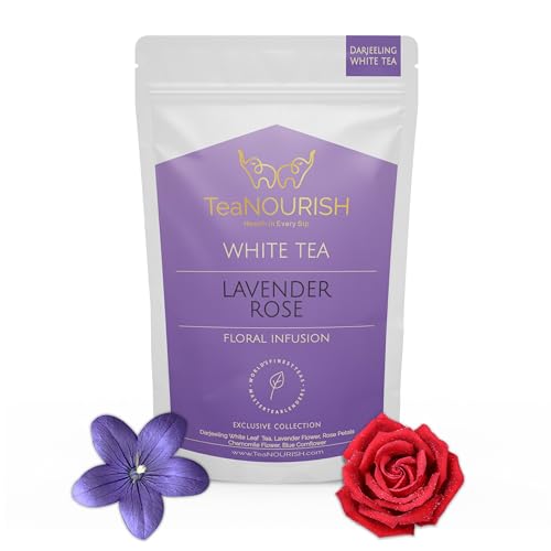 TeaNOURISH Lavendel Rose Weißer Tee | Darjeeling Silver Needles Weißer loser Blatttee, gemischt mit Lavendel, Rosenblättern, Kamille und blauer Kornblume – 50 g von TEANOURISH